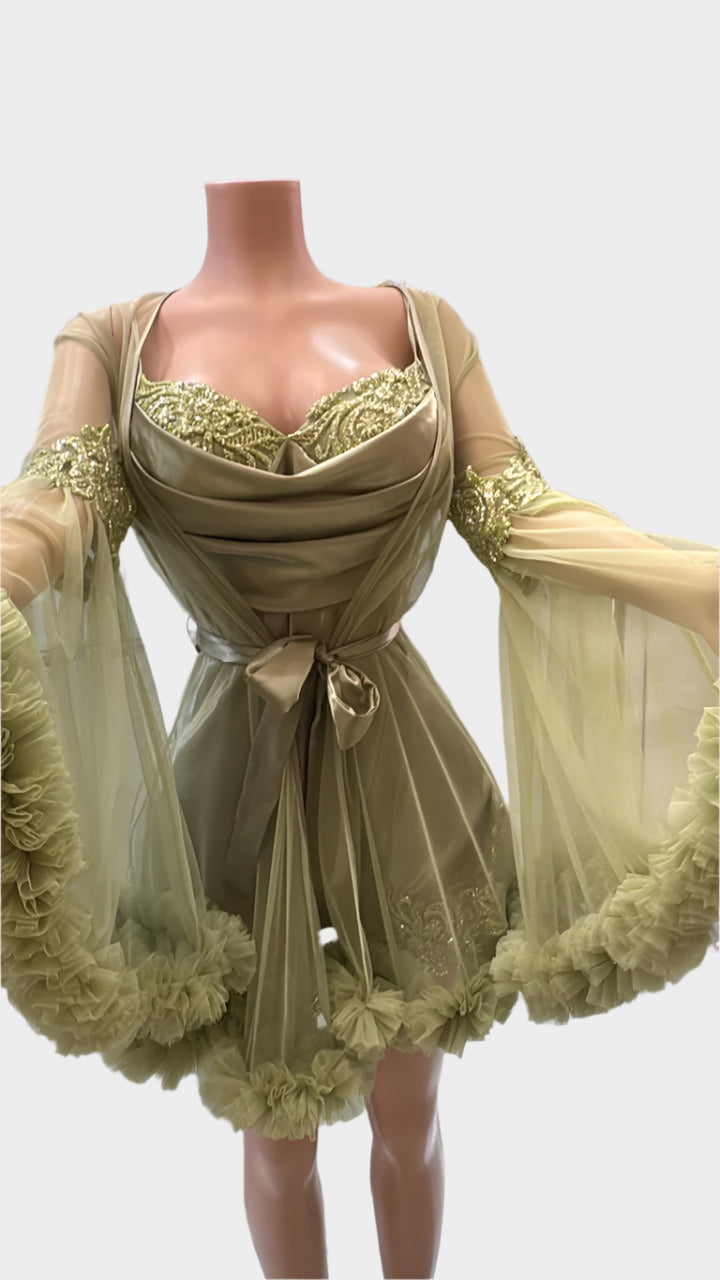 فستان نوم فاخر بلون زيتي - ASTKNAN