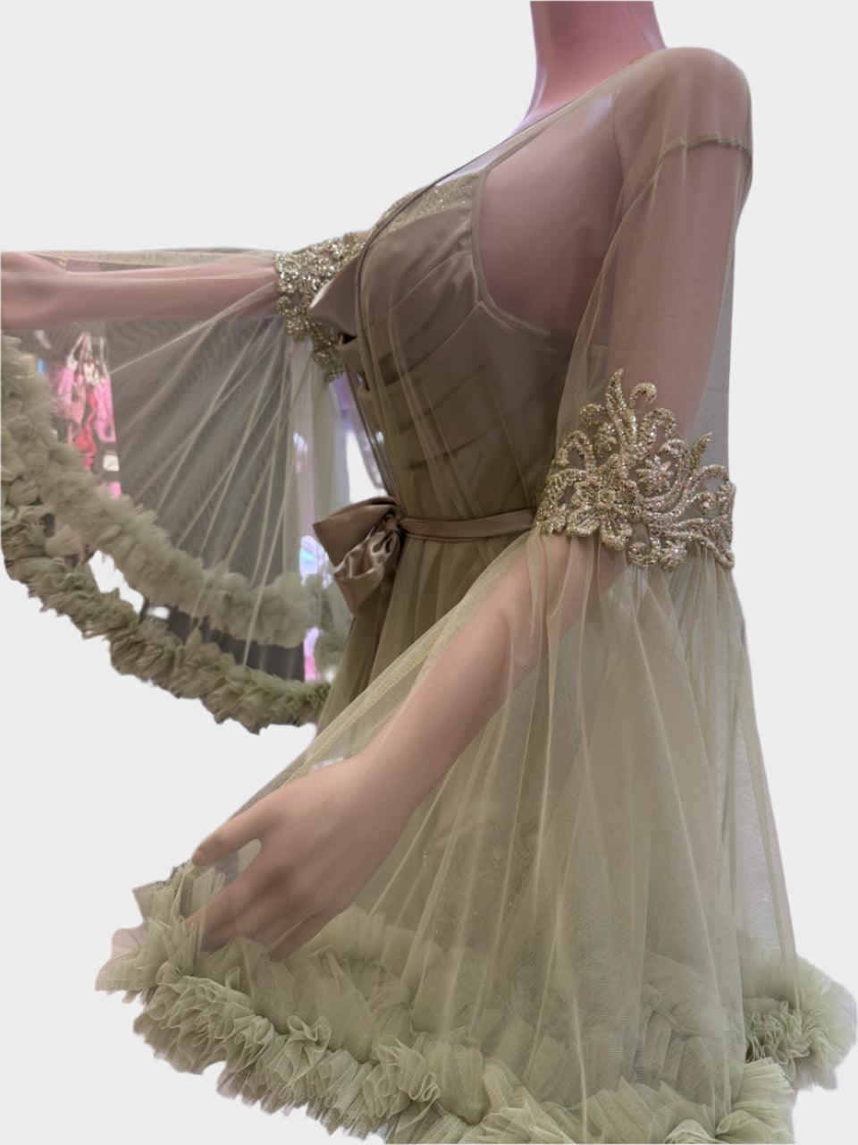 فستان نوم فاخر بلون زيتي - ASTKNAN